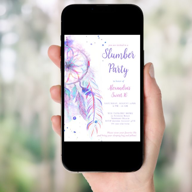 Sleepover PJ Party Purple Dreamcatcher Sweet 16 Invitation (Front Digital)
