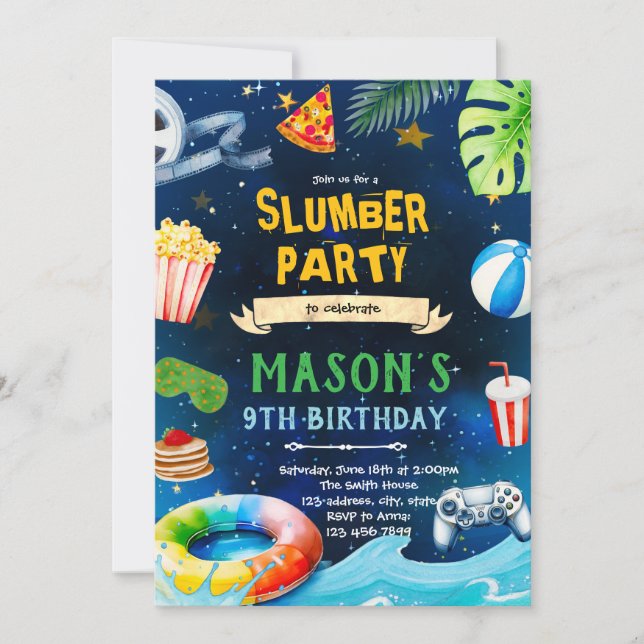 Sleepover Pool birthday party invitation (Front)