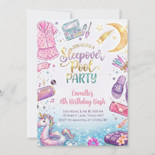  Sleepover Pool Party Pink Girl Birthday Invitation
