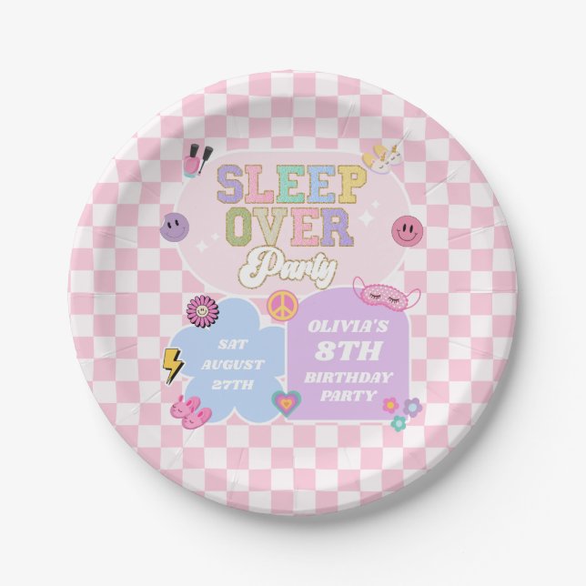 Sleepover Preppy Varsity Patch Birthday Party Paper Plates (Front)