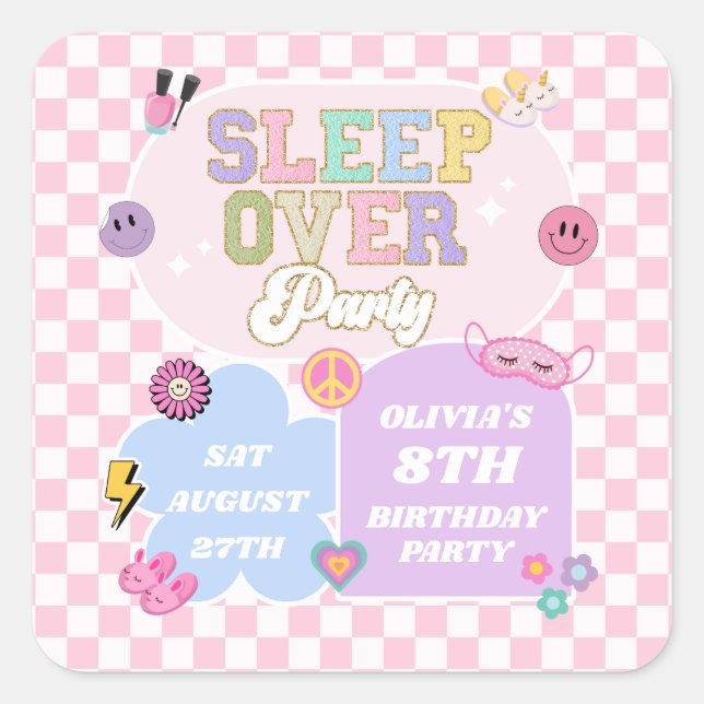 Sleepover Preppy Varsity Patch Birthday Party Square Sticker (Front)
