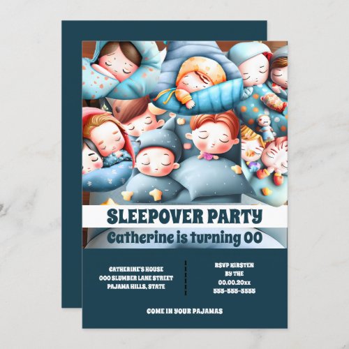 Sleepover sleeping kids slumber pajama cartoon fun invitation