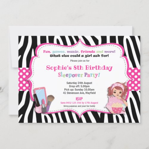 Sleepover Slumber Party Birthday Girls Zebra Print Invitation