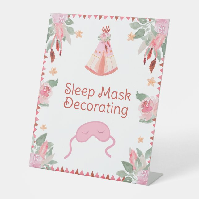 Sleepover Slumber Party Girl Pink Teepee Birthday  Pedestal Sign (Front)