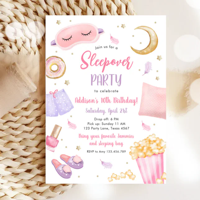 Sleepover Slumber Party Girl Spa Pink Birthday Invitation | Zazzle