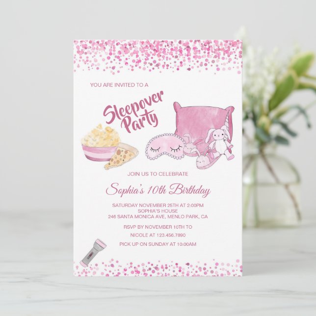 Sleepover Slumber Party Girl Spa Pink Birthday Invitation (Standing Front)
