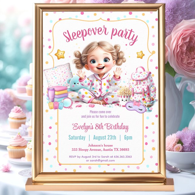 Sleepover Slumber Party Pink Cute Girl Birthday Invitation (Sleepover Slumber Party Pink Cute Girl Birthday Invitation
)