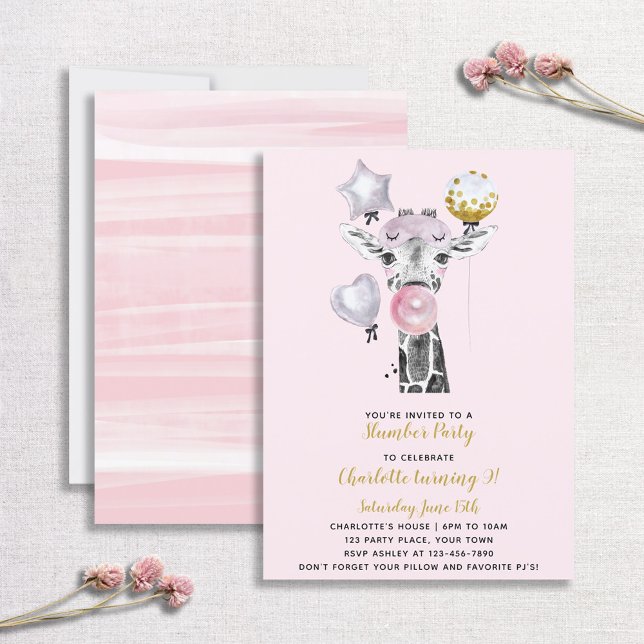Sleepover Slumber Party Pink Gold Giraffe Birthday Invitation (Creator Uploaded)