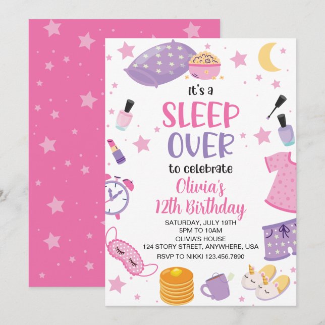 Sleepover slumber party pink purple tween invitation (Front/Back)