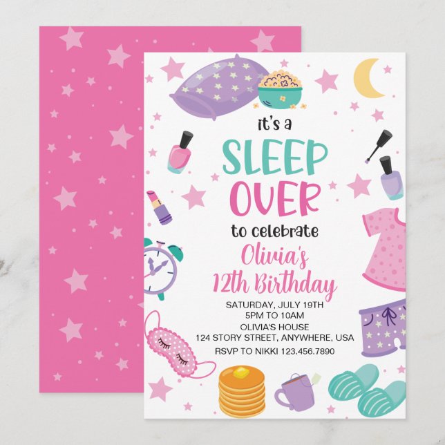 Sleepover slumber party pink purple tween invitation (Front/Back)