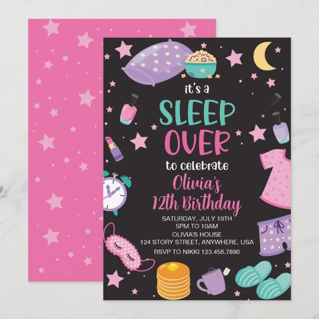 Sleepover slumber party pink purple tween invitation (Front/Back)