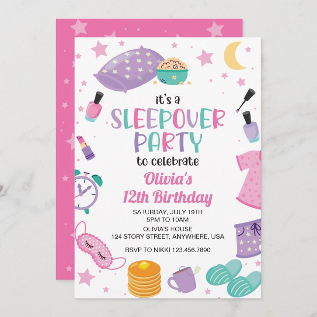 Sleepover slumber party pink purple tween invitation (Front/Back)