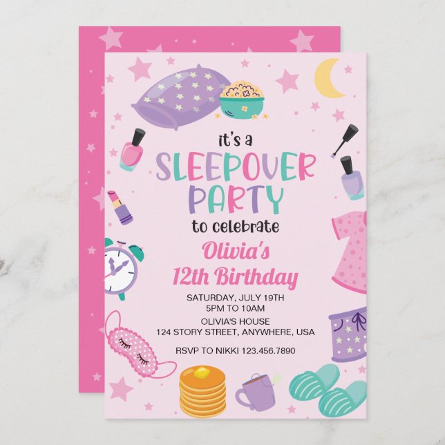 Sleepover slumber party pink purple tween invitation (Front/Back)