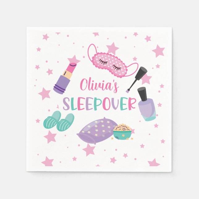Sleepover slumber party pink purple tween napkins (Front)