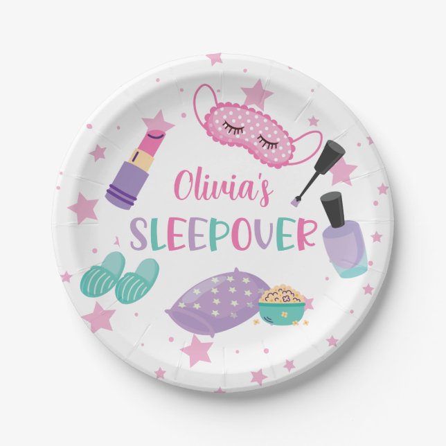 Sleepover slumber party pink purple tween paper plates (Front)
