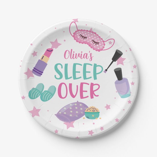 Sleepover slumber party pink purple tween paper plates (Front)