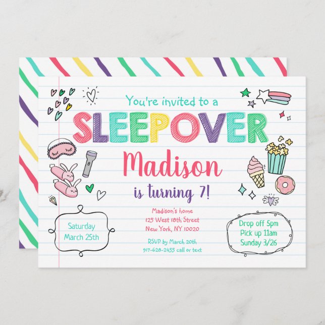 Sleepover Slumber Party Rainbow Girl Birthday Invitation (Front/Back)