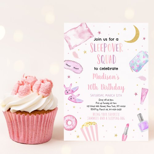 Sleepover Squad Pink Tween Girl Birthday Invitation