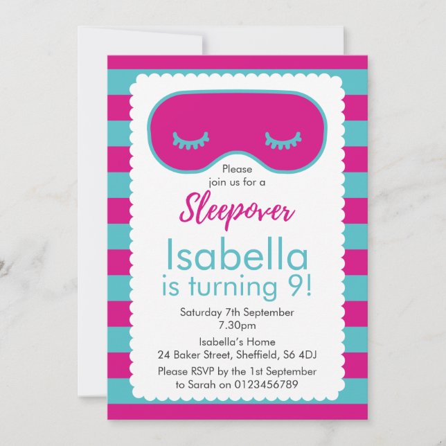 Sleepover themed birthday party invitation (Front)
