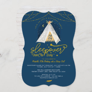 Sleepover Under the Stars Tepee Navy Gold Birthday Invitation