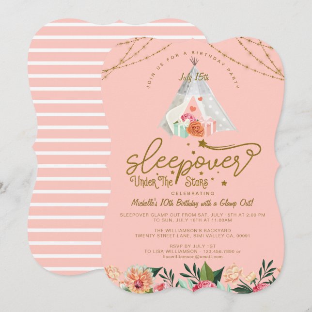 Sleepover Under the Stars Tepee Pink Gold Birthday Invitation (Front/Back)
