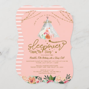 Sleepover Under the Stars Tepee Pink Gold Birthday Invitation