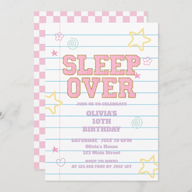 Sleepover varsity patch notebook invitation (Front/Back)