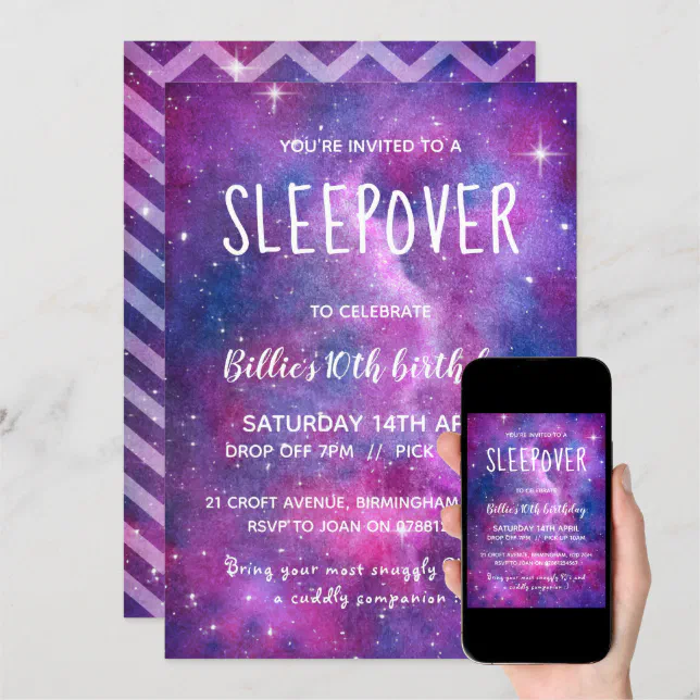 Sleepover Watercolour Galaxy And Stars Invitation | Zazzle