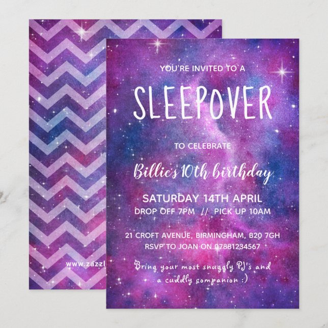 Sleepover Watercolour Galaxy And Stars Invitation (Front/Back)