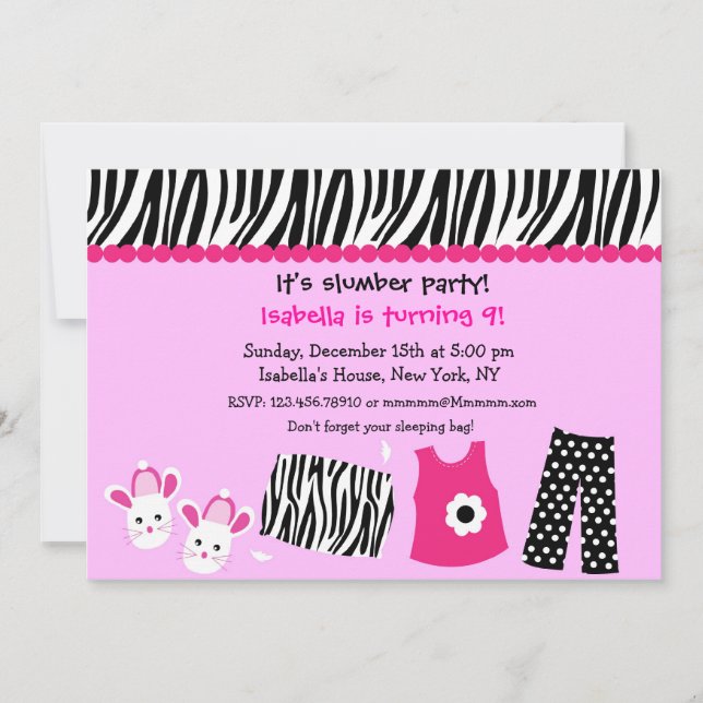 Sleepover Zebra Print Birthday Party Invitations (Front)