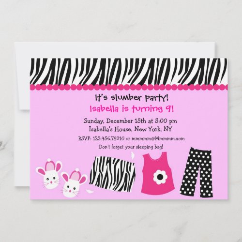 Sleepover Zebra Print Birthday Party Invitations