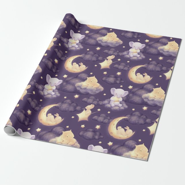 sleepy baby animals,moon clouds stars elepha wrapping paper (Unrolled)