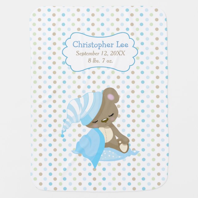 Sleepy Baby Bear Blue Blanket (Front)