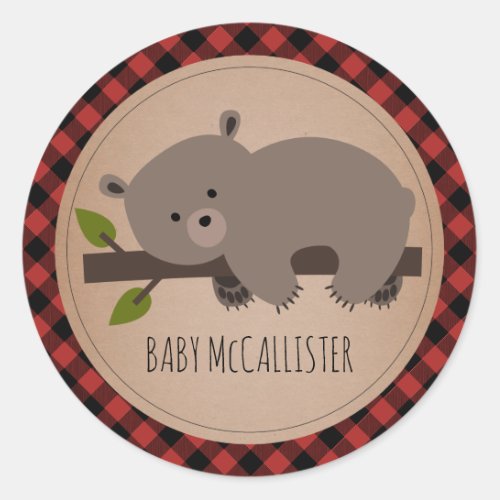 Sleepy Baby Bear Cub Plaid Baby Shower Classic Round Sticker