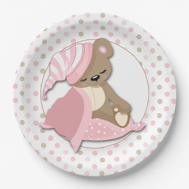 Sleepy Baby Bear Girl Paper Plates (Front)