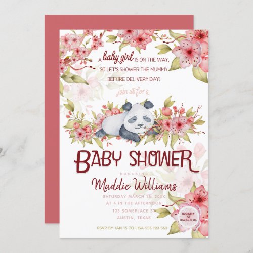 Sleepy Baby Panda Pink Cherry Blossom Baby Shower Invitation