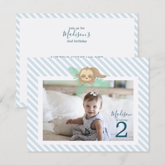 Sleepy Baby Sloth 2nd Birthday Party Invitation (Front/Back)