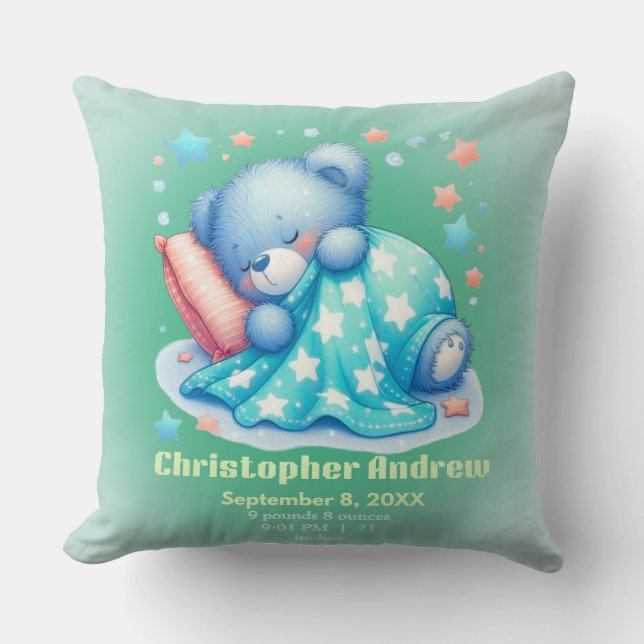 Sleepy Bear Baby Boy Birth Stats Throw Pillow (Front)