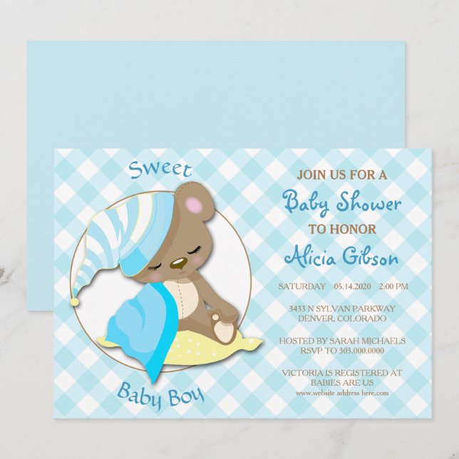 Sleepy Bear Baby Boy Shower Invitation (Front/Back)