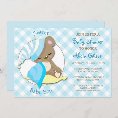 Sleepy Bear Baby Boy Shower Invitation