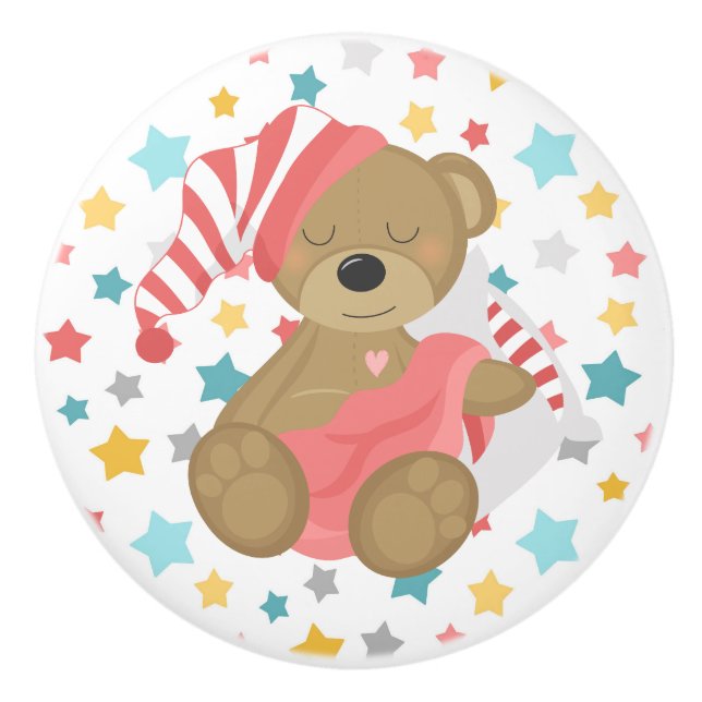 Sleepy Bear Baby Girl Ceramic Knob (Front)