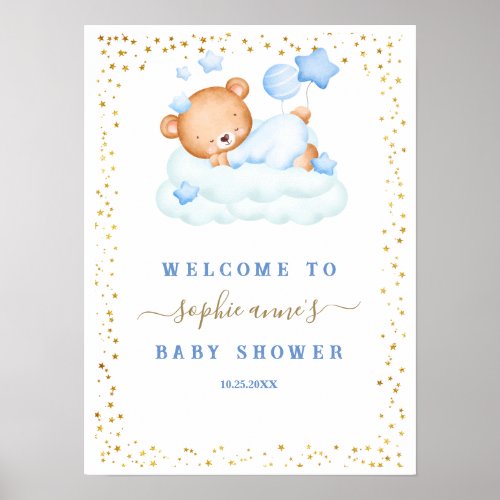 Sleepy Bear Boy Baby Shower Welcome Sign