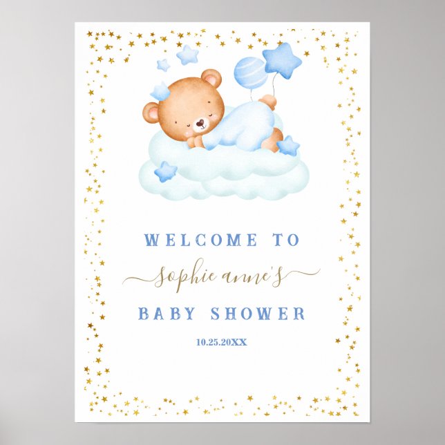 Sleepy Bear Boy Baby Shower Welcome Sign (Front)