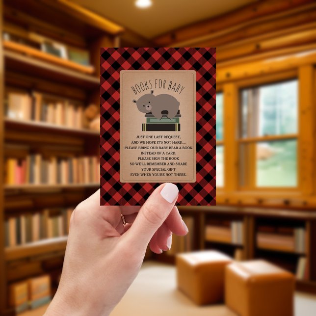 Sleepy Bear Buffalo Plaid Baby Shower Book Request Enclosure Card (Creator Uploaded)