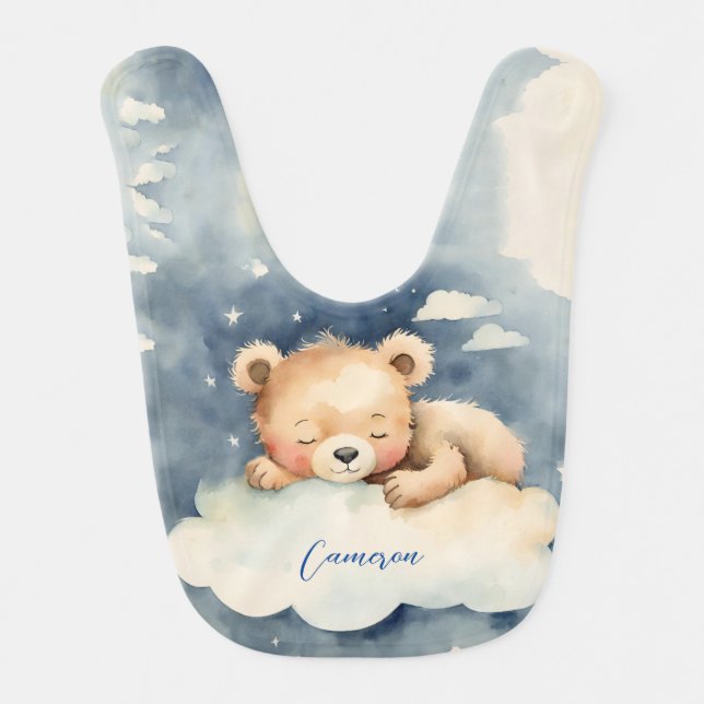 Sleepy Bear Celestial Boy Baby Bib (Front)