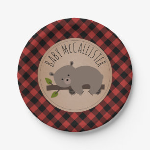 Sleepy Bear Cub Lumberjack Plaid Baby Shower Paper Plates