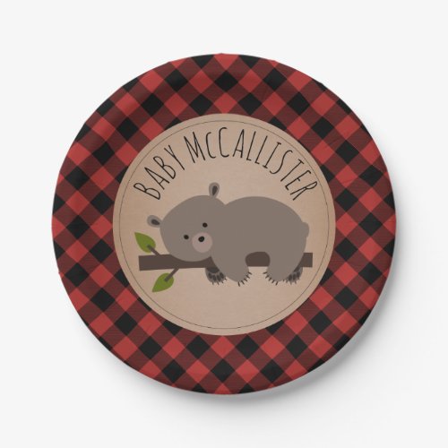 Sleepy Bear Cub Lumberjack Plaid Baby Shower Paper Plates