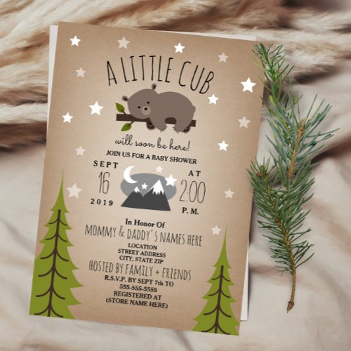 Sleepy Bear Cub  Mountains Baby Shower Invitation