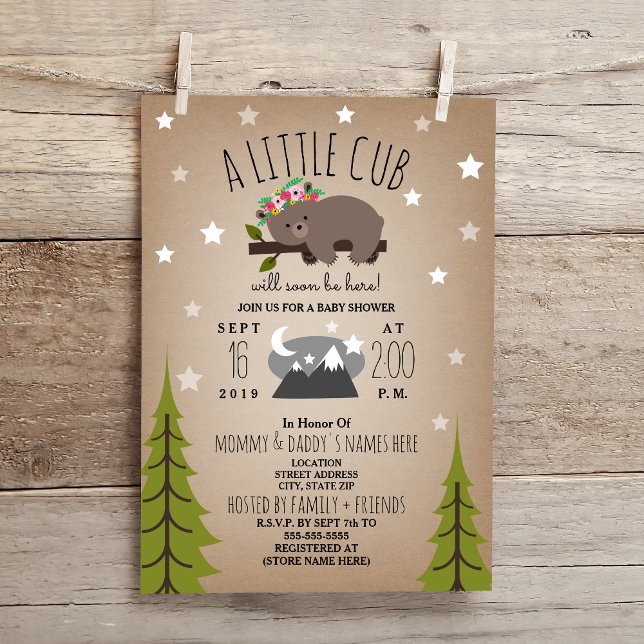 Sleepy Bear Cub  Mountains Girl Baby Shower Invitation (Creator Uploaded)