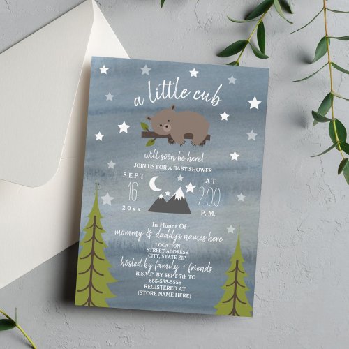 Sleepy Bear Cub  Mountains Watercolor Baby Shower Invitation